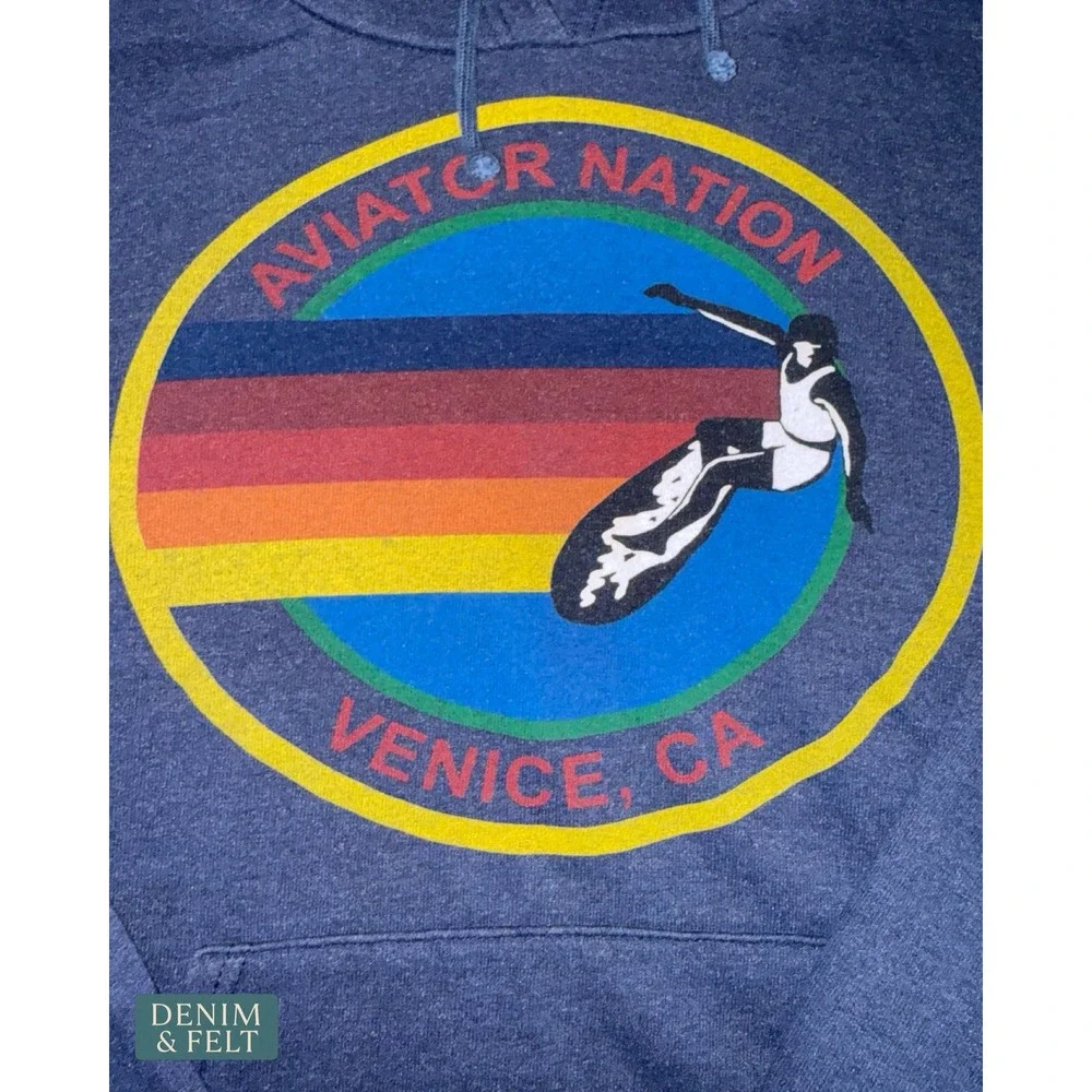 Aviator Nation Venice CA Surfer Pullover Hoodie Rainbow Graphic Navy Blue Medium - Picture 4 of 8